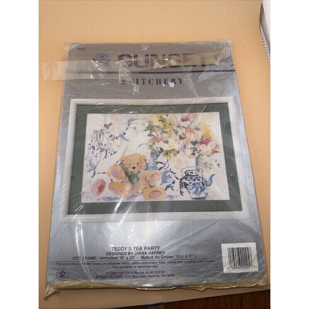 NOB Vintage Sunset Stitchery Teddy’s Tea Party Crewel Embroidery Kit 2225 MCM